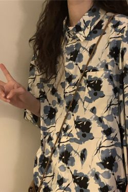 Unisex Retro Floral Polo Collar Shirt - Japanese Style Loose Casual Short Sleeve Top for Summer Fashion