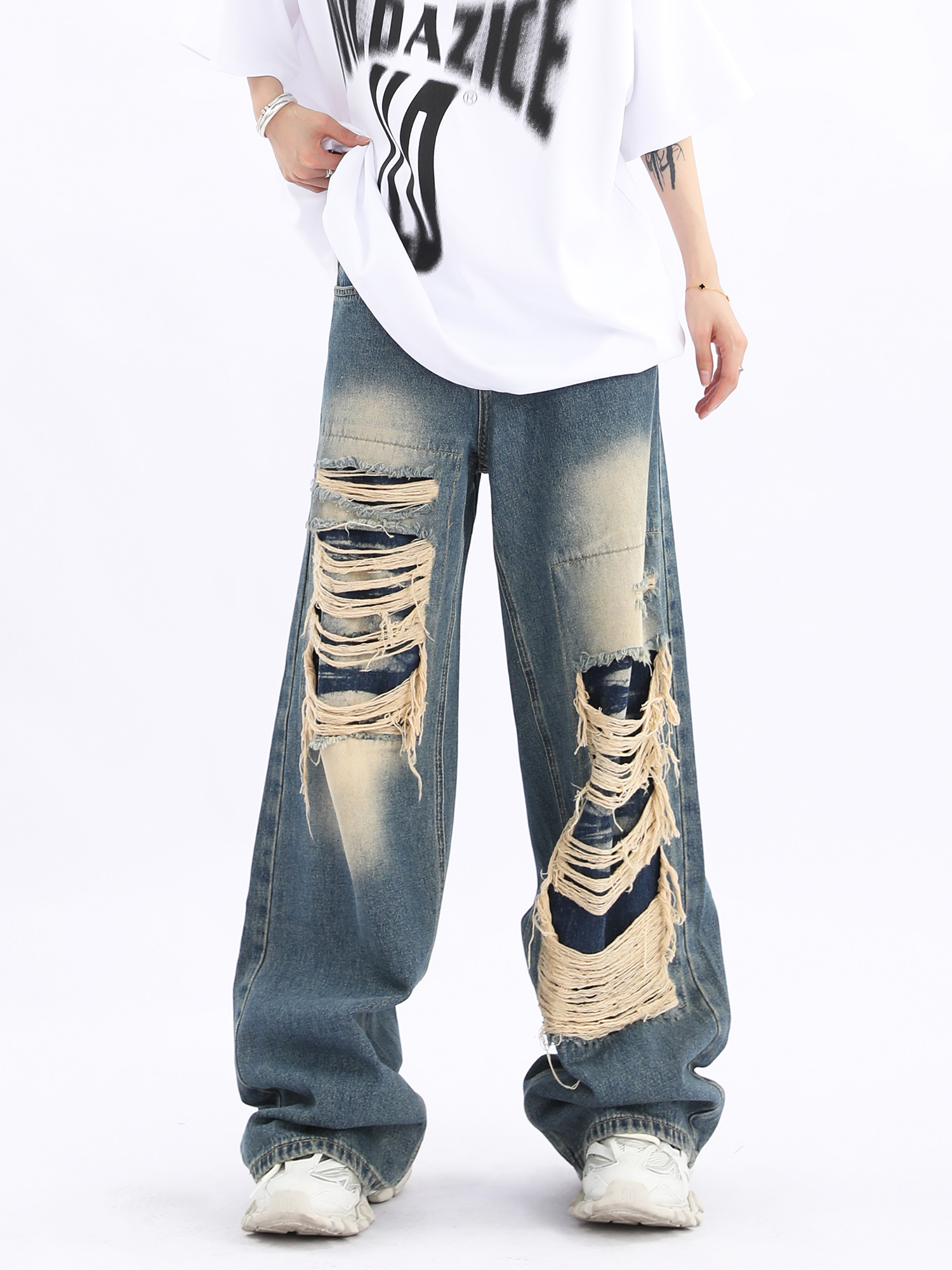Unisex Retro High Street Ripped Jeans - Loose Straight Hip-Hop Pants for Men and Women, Trendy 90s Style Unisex Retro High Street Ripped Jeans - Loose Straight Hip-Hop Pants for Men and Women, Trendy 90s Style