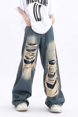 Unisex Retro High Street Ripped Jeans - Loose Straight Hip-Hop Pants for Men and Women, Trendy 90s Style
