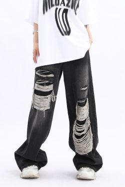 Unisex Retro High Street Ripped Jeans - Loose Straight Hip-Hop Pants for Men and Women, Trendy 90s Style