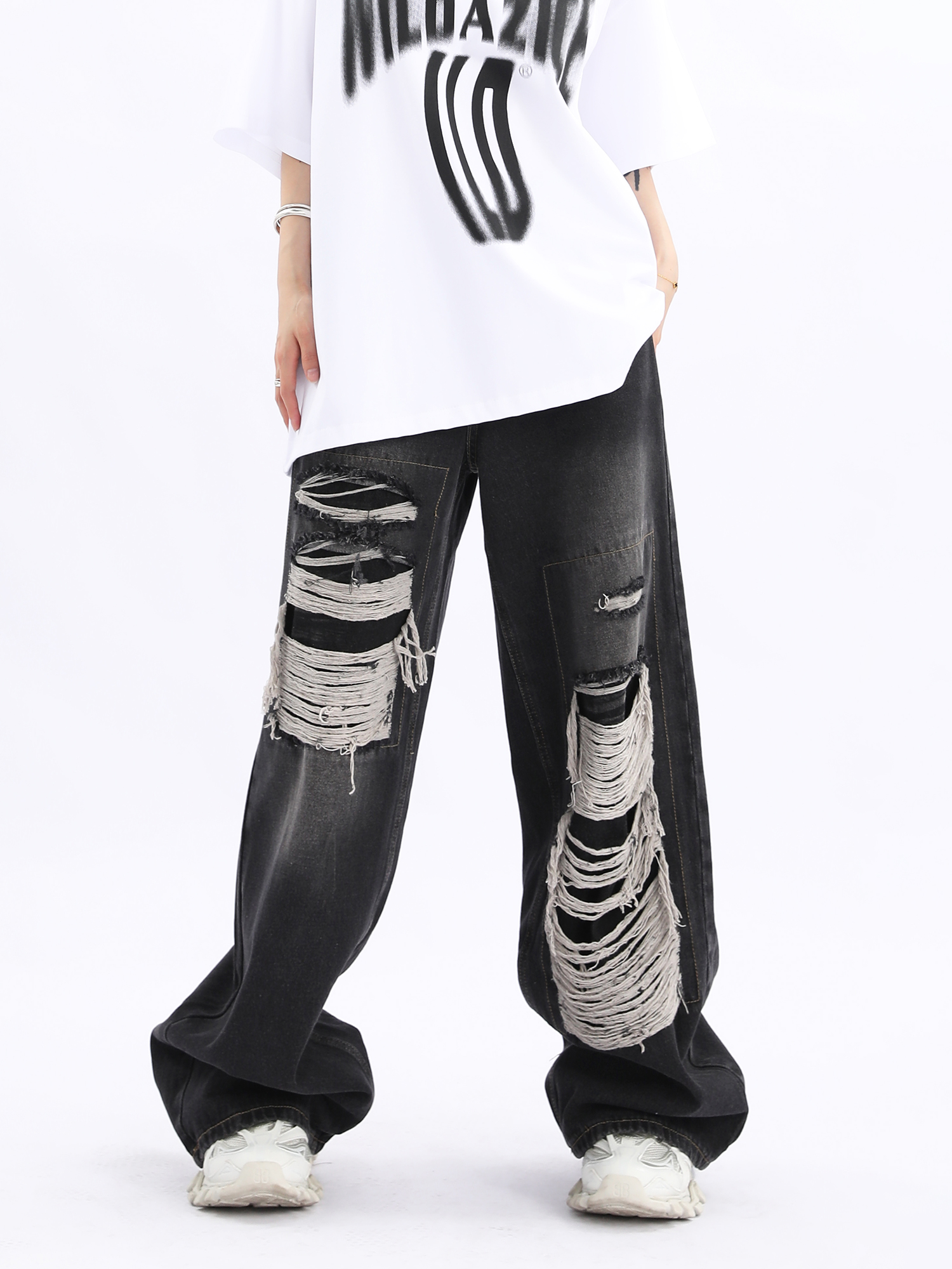 Unisex Retro High Street Ripped Jeans - Loose Straight Hip-Hop Pants for Men and Women, Trendy 90s Style Unisex Retro High Street Ripped Jeans - Loose Straight Hip-Hop Pants for Men and Women, Trendy 90s Style