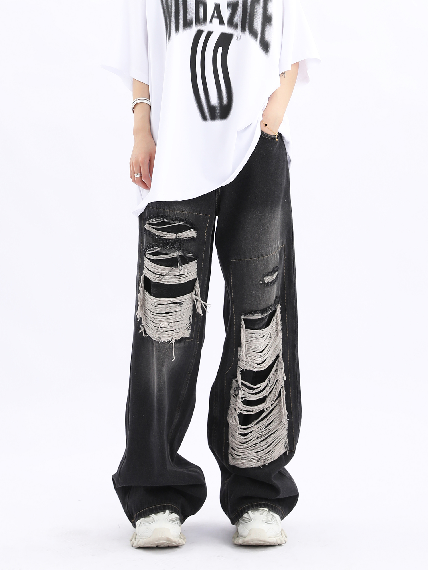 Unisex Retro High Street Ripped Jeans - Loose Straight Hip-Hop Pants for Men and Women, Trendy 90s Style Unisex Retro High Street Ripped Jeans - Loose Straight Hip-Hop Pants for Men and Women, Trendy 90s Style