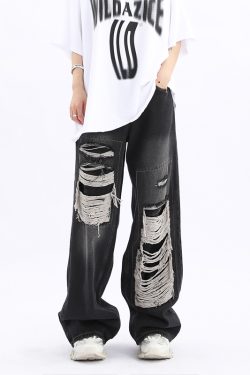 Unisex Retro High Street Ripped Jeans - Loose Straight Hip-Hop Pants for Men and Women, Trendy 90s Style