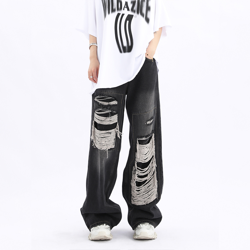 Unisex Retro High Street Ripped Jeans - Loose Straight Hip-Hop Pants for Men and Women, Trendy 90s Style Unisex Retro High Street Ripped Jeans - Loose Straight Hip-Hop Pants for Men and Women, Trendy 90s Style
