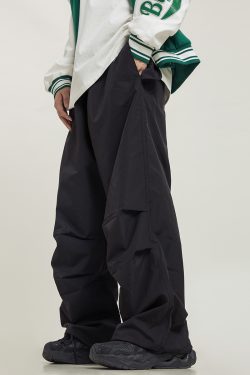 Unisex Retro Straight Black Drawstring Work Pants - Japanese Style High Street Casual Fashion