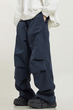 Unisex Retro Straight Black Drawstring Work Pants - Japanese Style High Street Casual Fashion