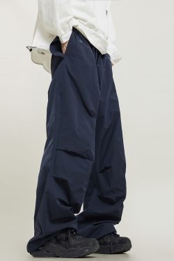 Unisex Retro Straight Black Drawstring Work Pants - Japanese Style High Street Casual Fashion