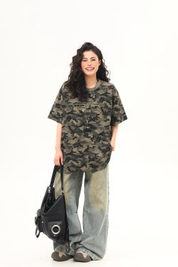 Unisex Retro Washed Camouflage Short-Sleeve T-Shirt - Trendy Loose Fit Summer Top for Couples, Y2K Style
