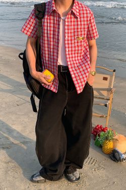 Unisex Slim Fit Dog Embroidery Short Sleeve Shirt - Versatile Vintage Plaid Top for Summer Casual Style