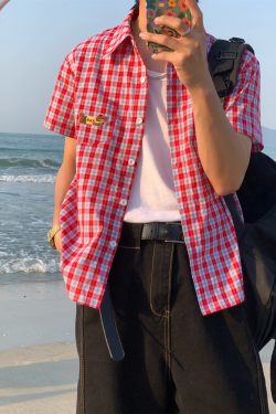 Unisex Slim Fit Dog Embroidery Short Sleeve Shirt - Versatile Vintage Plaid Top for Summer Casual Style