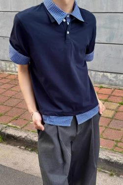 Unisex Spliced Plaid Polo Short Sleeve Shirt - American Style Loose T-Shirt Top for Summer, High-End Fashion