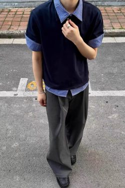 Unisex Spliced Plaid Polo Short Sleeve Shirt - American Style Loose T-Shirt Top for Summer, High-End Fashion