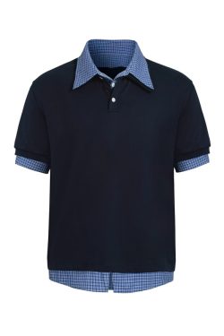 Unisex Spliced Plaid Polo Short Sleeve Shirt - American Style Loose T-Shirt Top for Summer, High-End Fashion