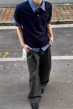 Unisex Spliced Plaid Polo Short Sleeve Shirt - American Style Loose T-Shirt Top for Summer, High-End Fashion