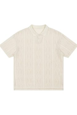 Unisex Vintage American-Style Textured Jacquard Polo Shirt - Summer Loose Casual Short Sleeve for Men & Women