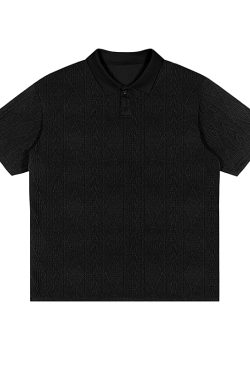 Unisex Vintage American-Style Textured Jacquard Polo Shirt - Summer Loose Casual Short Sleeve for Men & Women