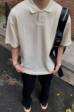 Unisex Vintage American-Style Textured Jacquard Polo Shirt - Summer Loose Casual Short Sleeve for Men & Women