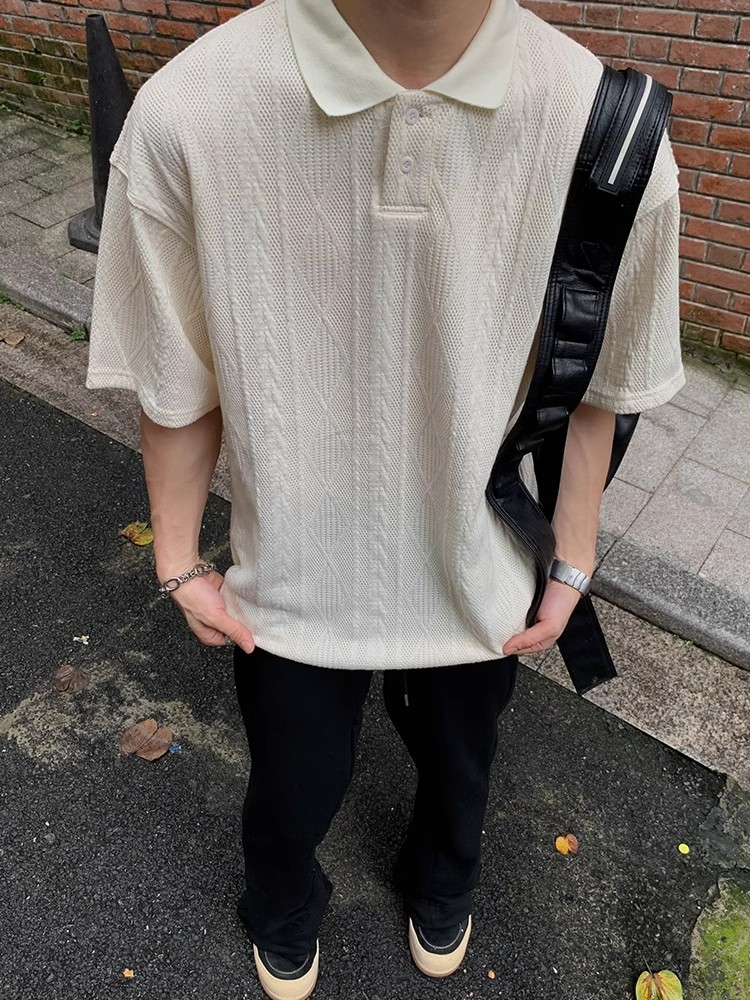 Unisex Vintage American-Style Textured Jacquard Polo Shirt - Summer Loose Casual Short Sleeve for Men & Women Unisex Vintage American-Style Textured Jacquard Polo Shirt - Summer Loose Casual Short Sleeve for Men & Women