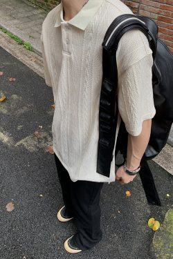 Unisex Vintage American-Style Textured Jacquard Polo Shirt - Summer Loose Casual Short Sleeve for Men & Women