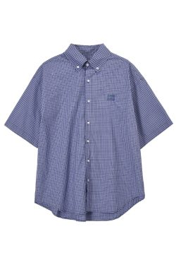 Unisex Vintage Blue Plaid Short Sleeve Shirt - Casual Embroidered Summer Style, Loose Fit, High-End Trend