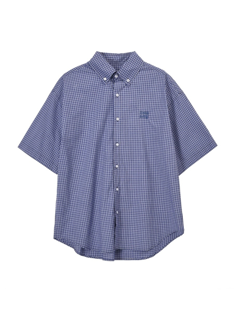 Unisex Vintage Blue Plaid Short Sleeve Shirt - Casual Embroidered Summer Style, Loose Fit, High-End Trend Unisex Vintage Blue Plaid Short Sleeve Shirt - Casual Embroidered Summer Style, Loose Fit, High-End Trend