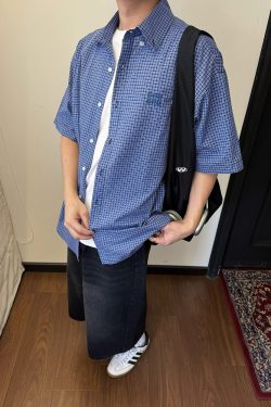 Unisex Vintage Blue Plaid Short Sleeve Shirt - Casual Embroidered Summer Style, Loose Fit, High-End Trend