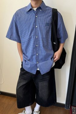 Unisex Vintage Blue Plaid Short Sleeve Shirt - Casual Embroidered Summer Style, Loose Fit, High-End Trend