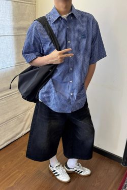 Unisex Vintage Blue Plaid Short Sleeve Shirt - Casual Embroidered Summer Style, Loose Fit, High-End Trend