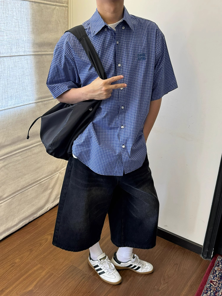 Unisex Vintage Blue Plaid Short Sleeve Shirt - Casual Embroidered Summer Style, Loose Fit, High-End Trend Unisex Vintage Blue Plaid Short Sleeve Shirt - Casual Embroidered Summer Style, Loose Fit, High-End Trend