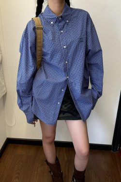 Unisex Vintage Blue Plaid Short Sleeve Shirt - Casual Embroidered Summer Style, Loose Fit, High-End Trend