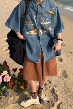 Unisex Vintage Denim Shirt with Embroidered Coconut Tree - Hawaiian Beach Style, Short Sleeve, Handmade Reworked Fashion