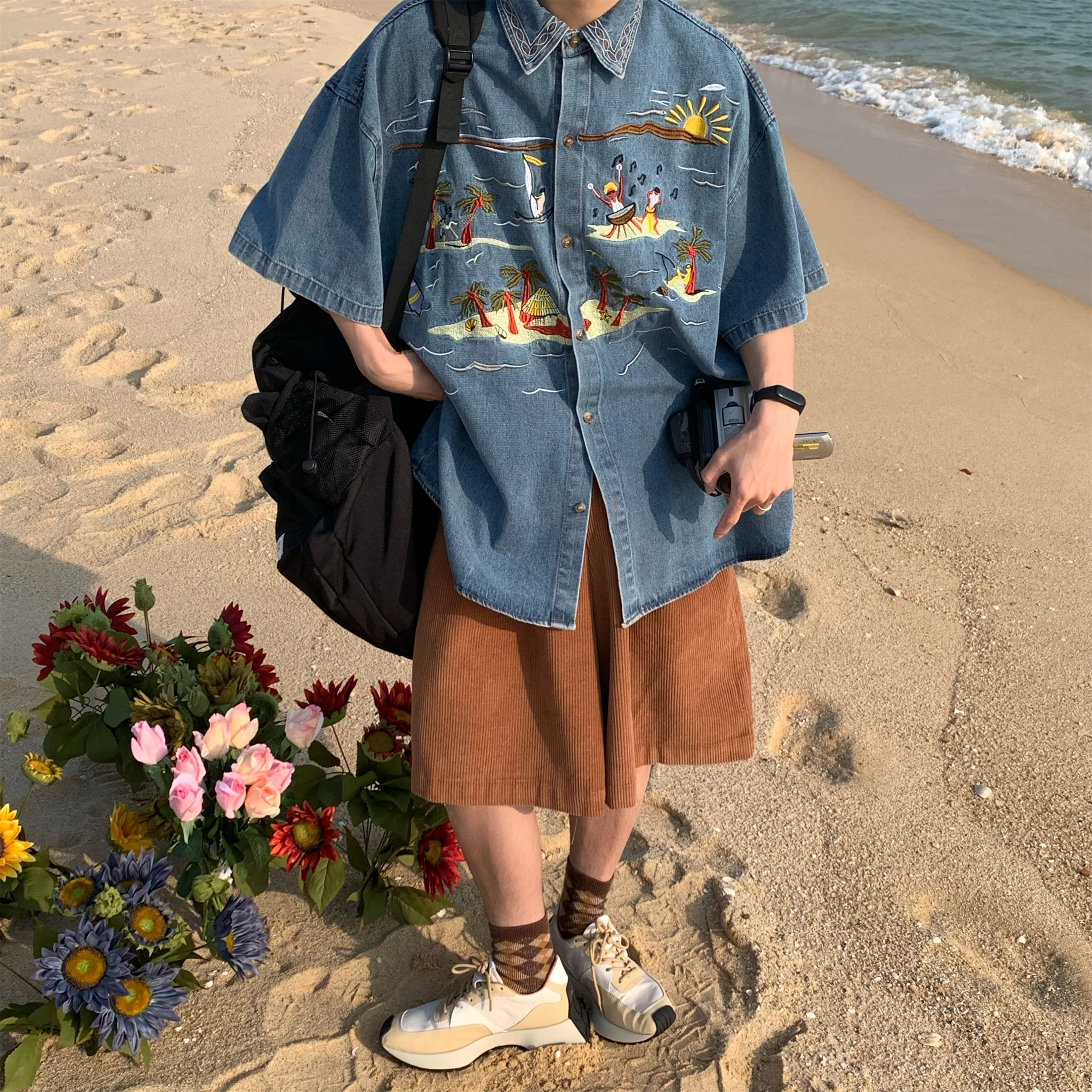 Unisex Vintage Denim Shirt with Embroidered Coconut Tree - Hawaiian Beach Style, Short Sleeve, Handmade Reworked Fashion Unisex Vintage Denim Shirt with Embroidered Coconut Tree - Hawaiian Beach Style, Short Sleeve, Handmade Reworked Fashion