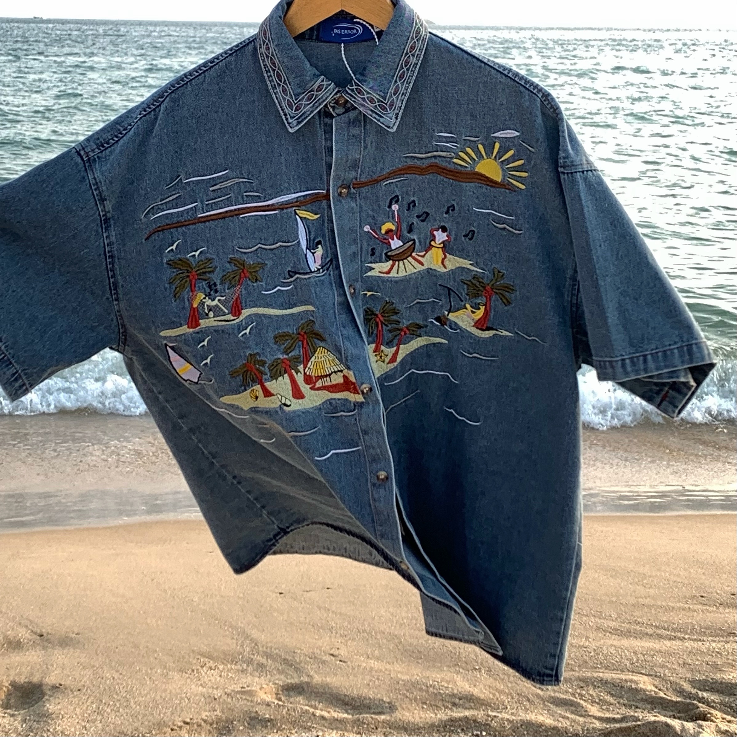 Unisex Vintage Denim Shirt with Embroidered Coconut Tree - Hawaiian Beach Style, Short Sleeve, Handmade Reworked Fashion Unisex Vintage Denim Shirt with Embroidered Coconut Tree - Hawaiian Beach Style, Short Sleeve, Handmade Reworked Fashion