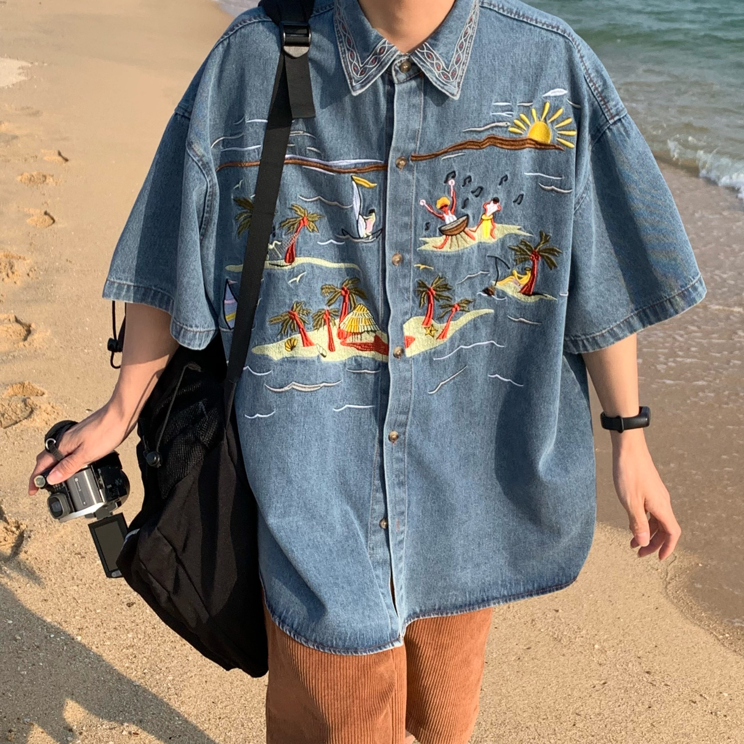 Unisex Vintage Denim Shirt with Embroidered Coconut Tree - Hawaiian Beach Style, Short Sleeve, Handmade Reworked Fashion Unisex Vintage Denim Shirt with Embroidered Coconut Tree - Hawaiian Beach Style, Short Sleeve, Handmade Reworked Fashion