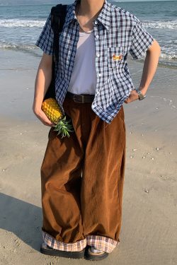 Unisex Vintage Plaid Short Sleeve Shirt with Dog Embroidery - Slim Fit Versatile 90s Style Top for Casual Outfits