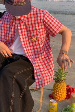 Unisex Vintage Plaid Short Sleeve Shirt with Dog Embroidery - Slim Fit Versatile 90s Style Top for Casual Outfits