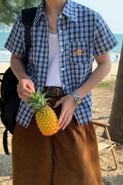 Unisex Vintage Plaid Short Sleeve Shirt with Dog Embroidery - Slim Fit Versatile 90s Style Top for Casual Outfits