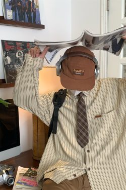 Unisex Vintage Striped Long Sleeve Shirt - Handmade Versatile Tie Top for Spring & Autumn, Relaxed Fit Fashion Essential