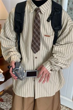 Unisex Vintage Striped Long Sleeve Shirt - Handmade Versatile Tie Top for Spring & Autumn, Relaxed Fit Fashion Essential