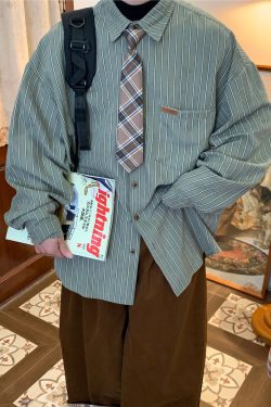 Unisex Vintage Striped Long Sleeve Shirt - Handmade Versatile Tie Top for Spring & Autumn, Relaxed Fit Fashion Essential