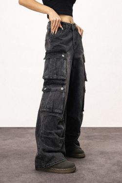 Unisex Vintage Washed Black Straight Leg Jeans - Casual American Style Work Pants for Everyday Wear