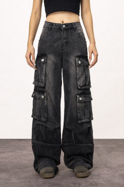 Unisex Vintage Washed Black Straight Leg Jeans - Casual American Style Work Pants for Everyday Wear