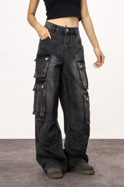 Unisex Vintage Washed Black Straight Leg Jeans - Casual American Style Work Pants for Everyday Wear