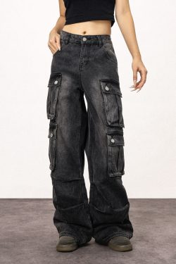 Unisex Vintage Washed Black Straight Leg Jeans - Casual American Style Work Pants for Everyday Wear