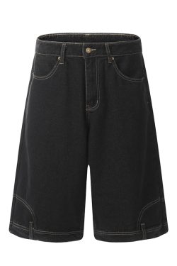 Unisex Vintage Wide-Leg Inverted Denim Shorts - Retro American Style Washed Loose Cropped Pants