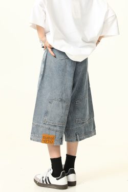 Unisex Vintage Wide-Leg Inverted Denim Shorts - Retro American Style Washed Loose Cropped Pants