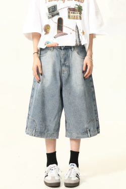 Unisex Vintage Wide-Leg Inverted Denim Shorts - Retro American Style Washed Loose Cropped Pants