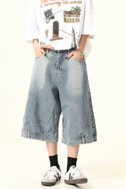 Unisex Vintage Wide-Leg Inverted Denim Shorts - Retro American Style Washed Loose Cropped Pants