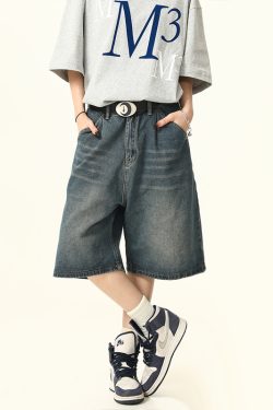 Unisex Wide-Leg Denim Shorts in Washed Blue - American Street Style Loose-Fit Summer Five-Point Pants for Casual Wear