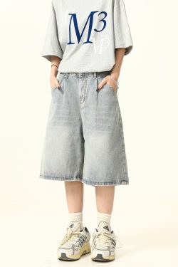 Unisex Wide-Leg Denim Shorts in Washed Blue - American Street Style Loose-Fit Summer Five-Point Pants for Casual Wear
